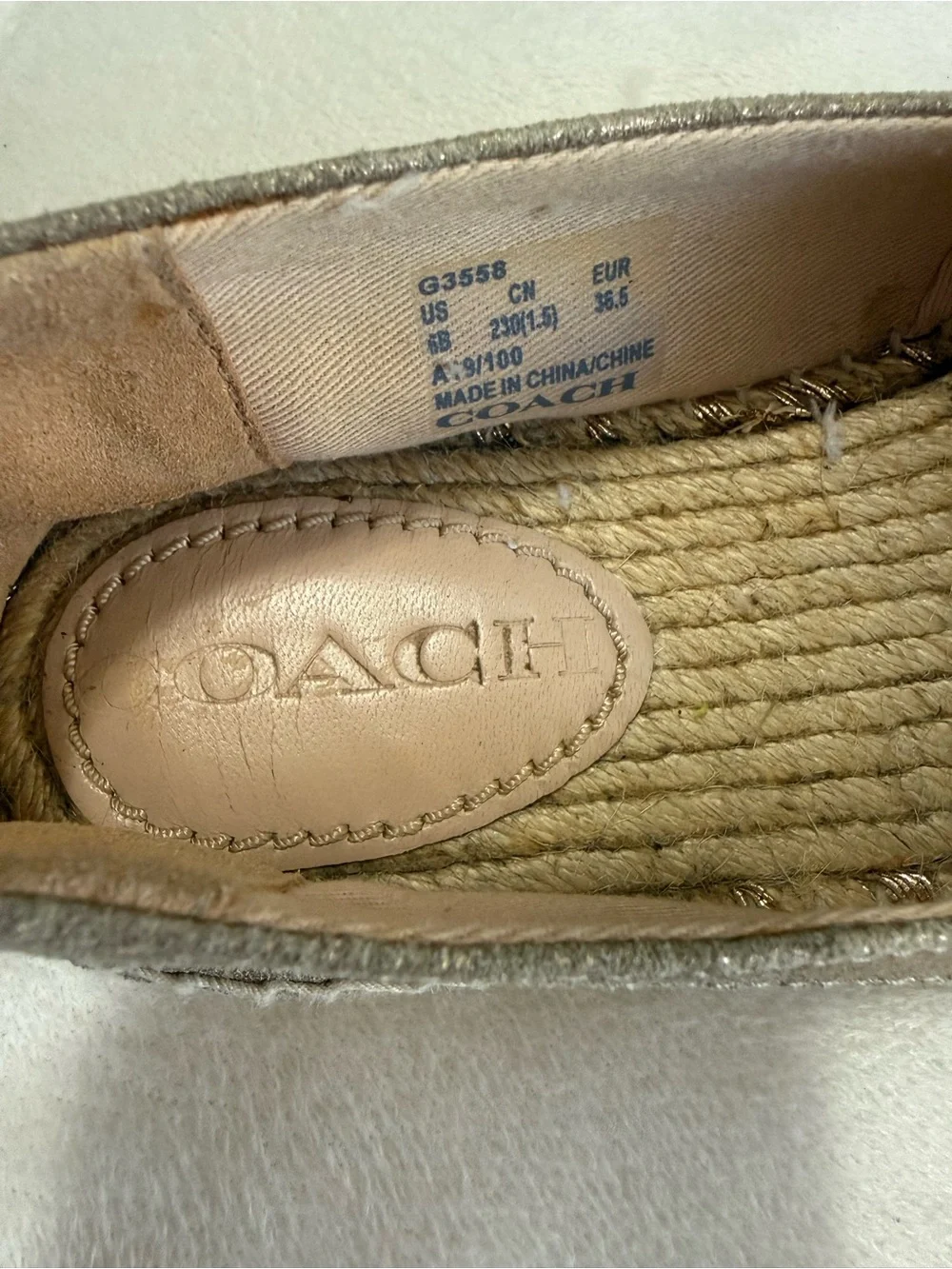 Coach Metallic Champagne Leather Espadrille Flats Slip-On Shoes Women’s 6B